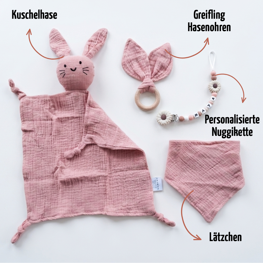 Baby Geschenk personalisiert mit Name zur Geburt, Taufe & Babyshower - Hase rosa