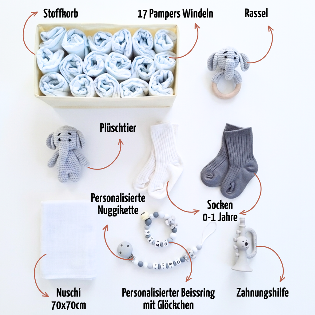 Geschenk zur Geburt personalisiert mit Name – Baby Geschenk zur Taufe & Babyshower | Elefant
