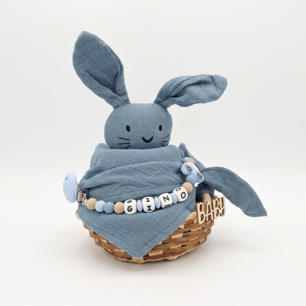 Baby Geschenk personalisiert mit Name zur Geburt, Taufe & Babyshower - Hase blau