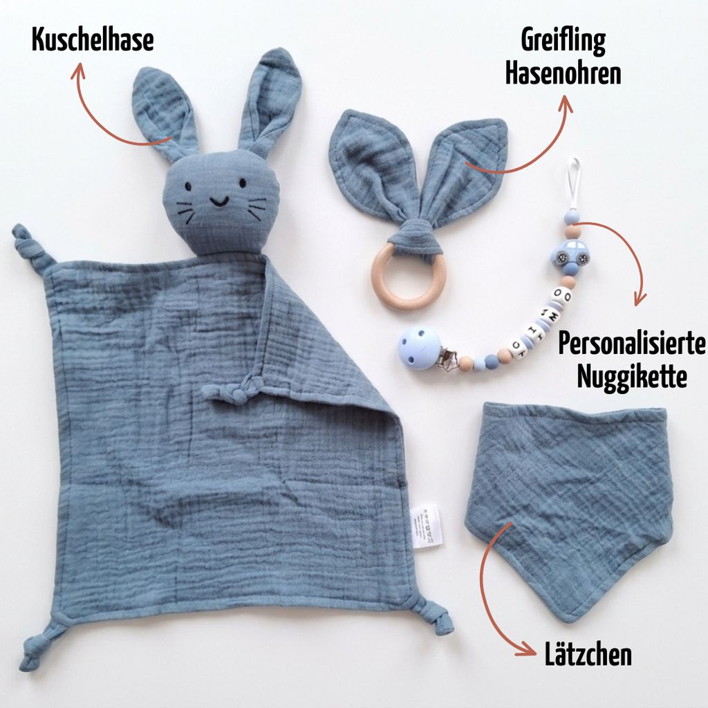 Baby Geschenk personalisiert mit Name zur Geburt, Taufe & Babyshower - Hase blau