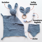 Baby Geschenk personalisiert mit Name zur Geburt, Taufe & Babyshower - Hase blau