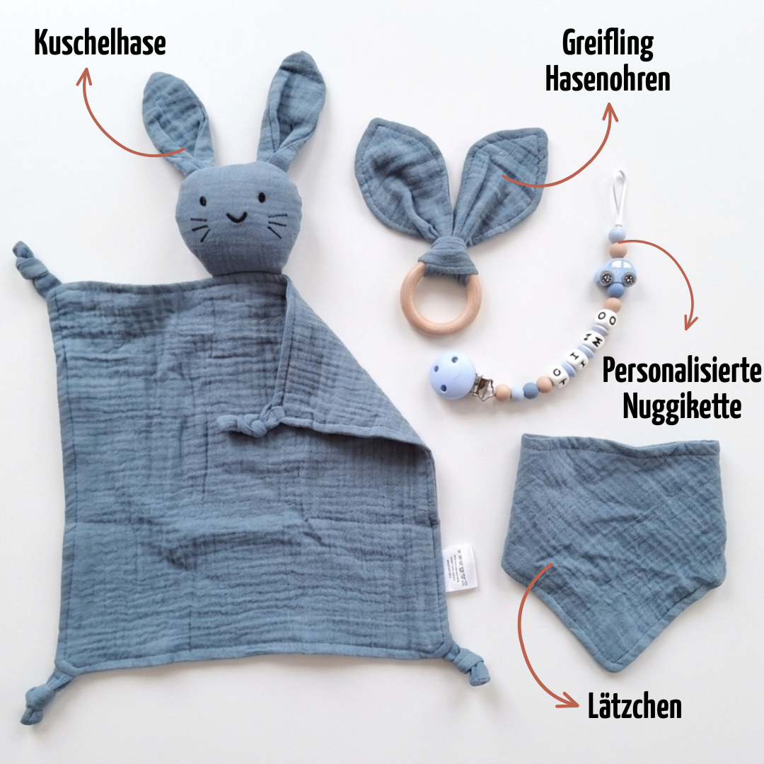 Baby Geschenk personalisiert mit Name zur Geburt, Taufe & Babyshower - Hase blau