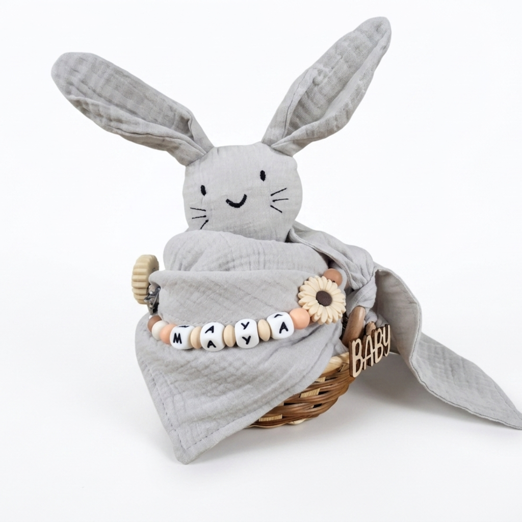 Baby Geschenk personalisiert mit Name zur Geburt, Taufe & Babyshower - Hase grau