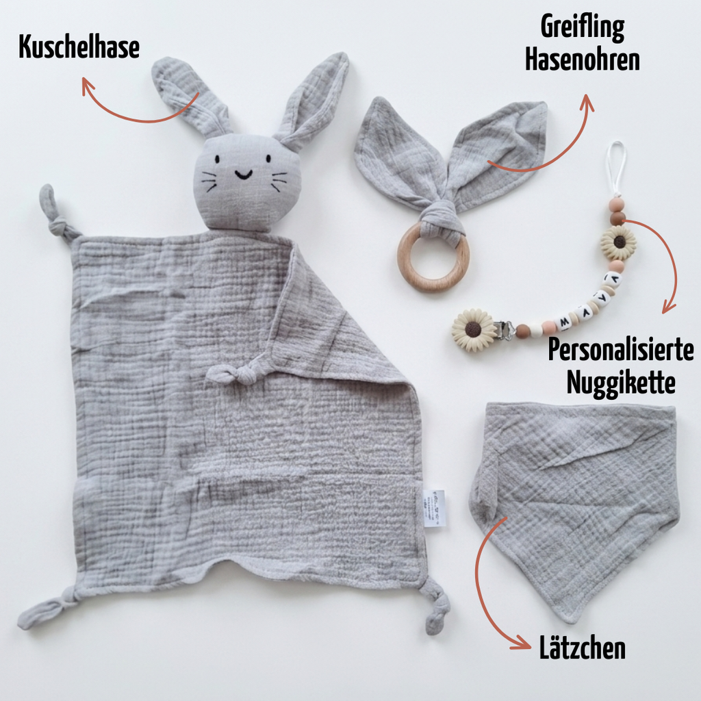 Baby Geschenk personalisiert mit Name zur Geburt, Taufe & Babyshower - Hase grau