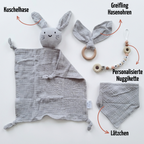 Baby Geschenk personalisiert mit Name zur Geburt, Taufe & Babyshower - Hase grau