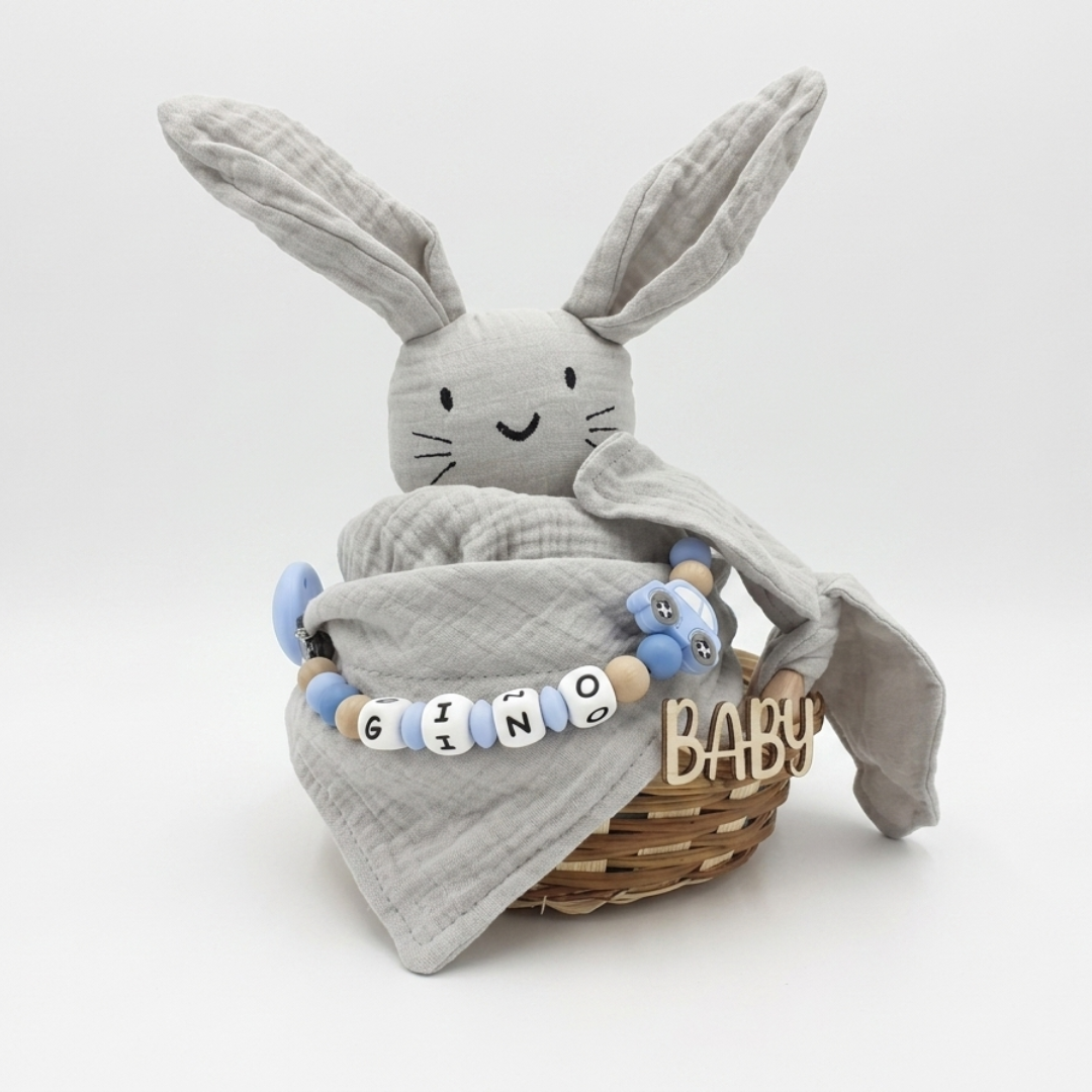 Baby Geschenk personalisiert mit Name zur Geburt, Taufe & Babyshower - Hase grau