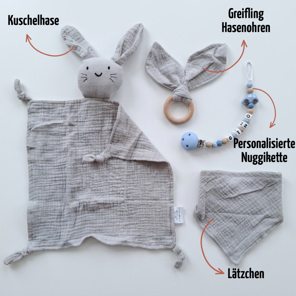 Baby Geschenk personalisiert mit Name zur Geburt, Taufe & Babyshower - Hase grau