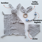 Baby Geschenk personalisiert mit Name zur Geburt, Taufe & Babyshower - Hase grau
