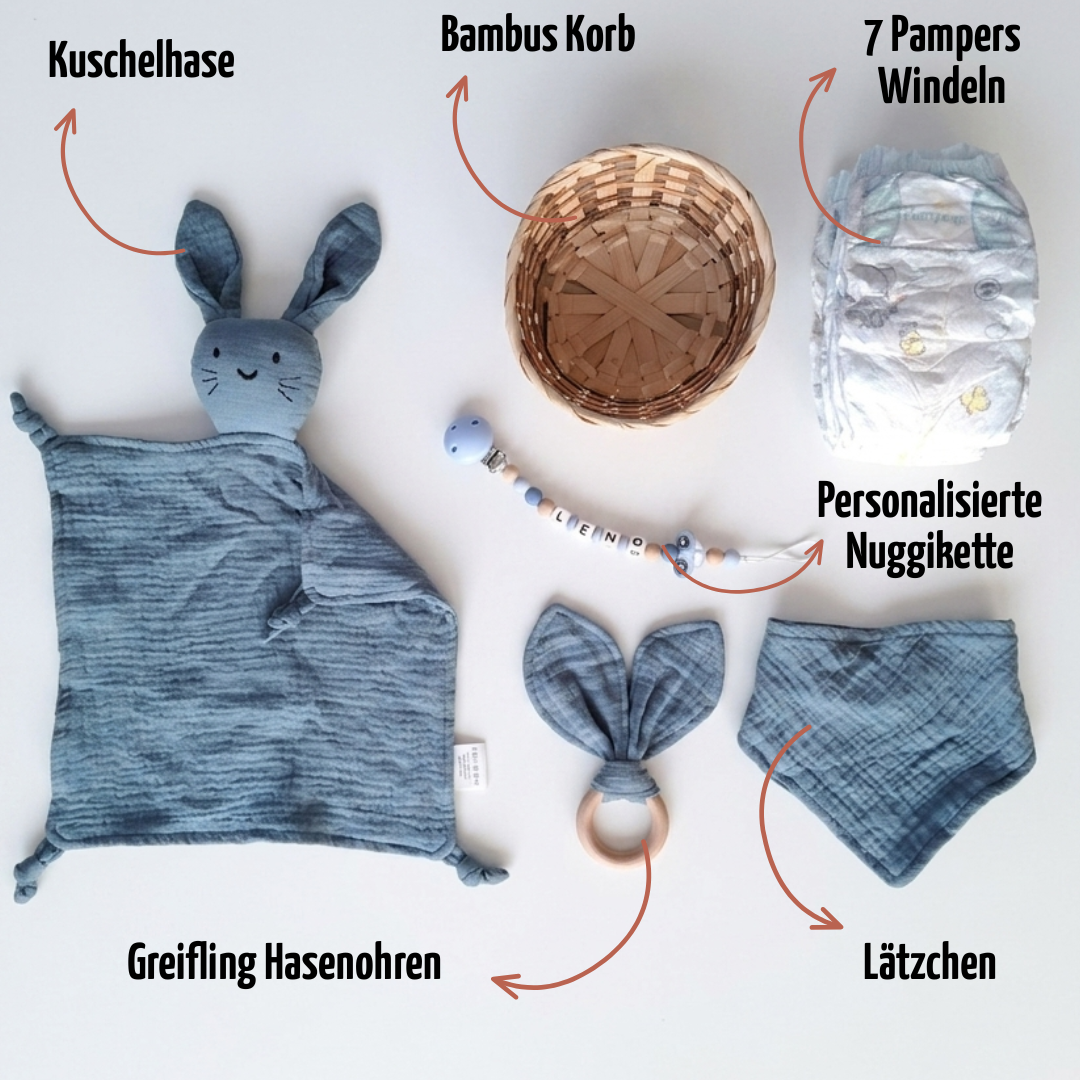 Personalisiertes Geschenk zur Geburt mit Name – Baby Geschenk zur Taufe & Babyshower | Hase blau