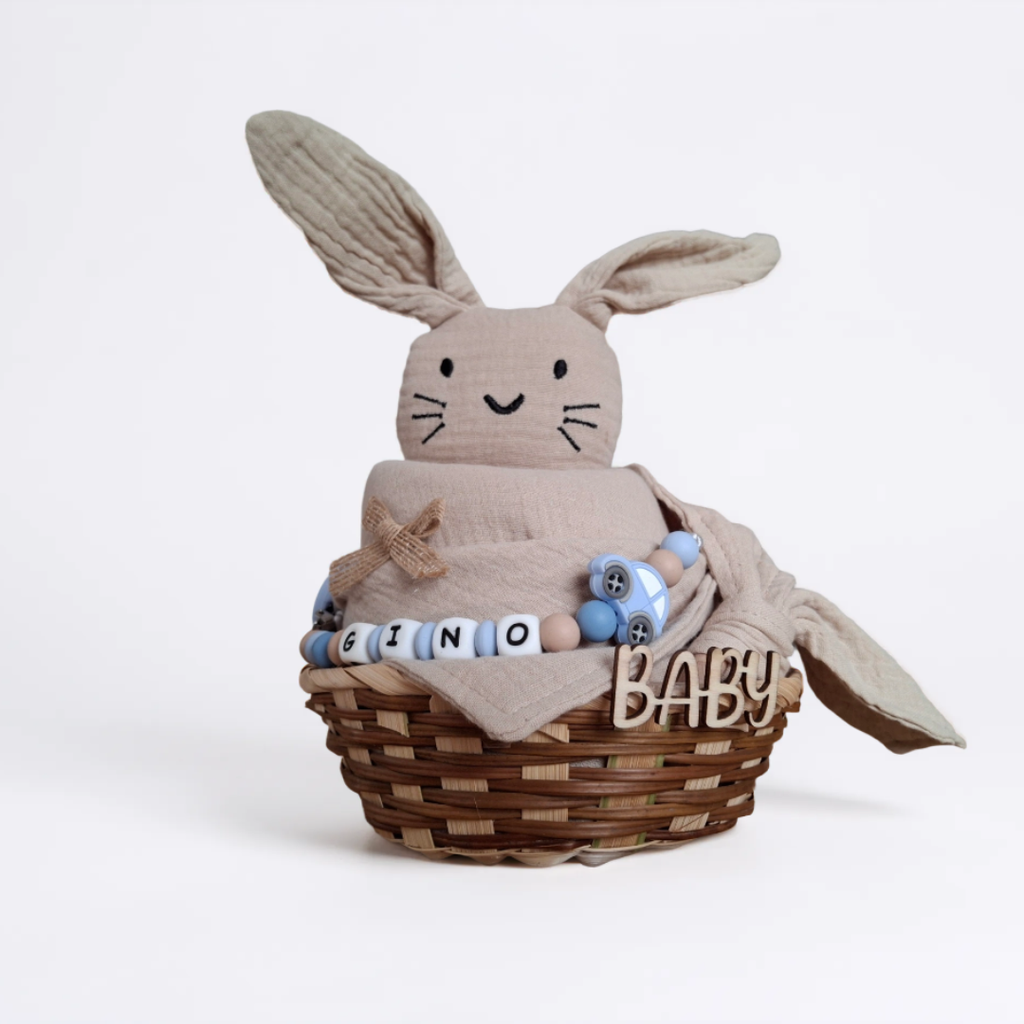Baby Geschenk personalisiert mit Name zur Geburt, Taufe & Babyshower - Hase beige
