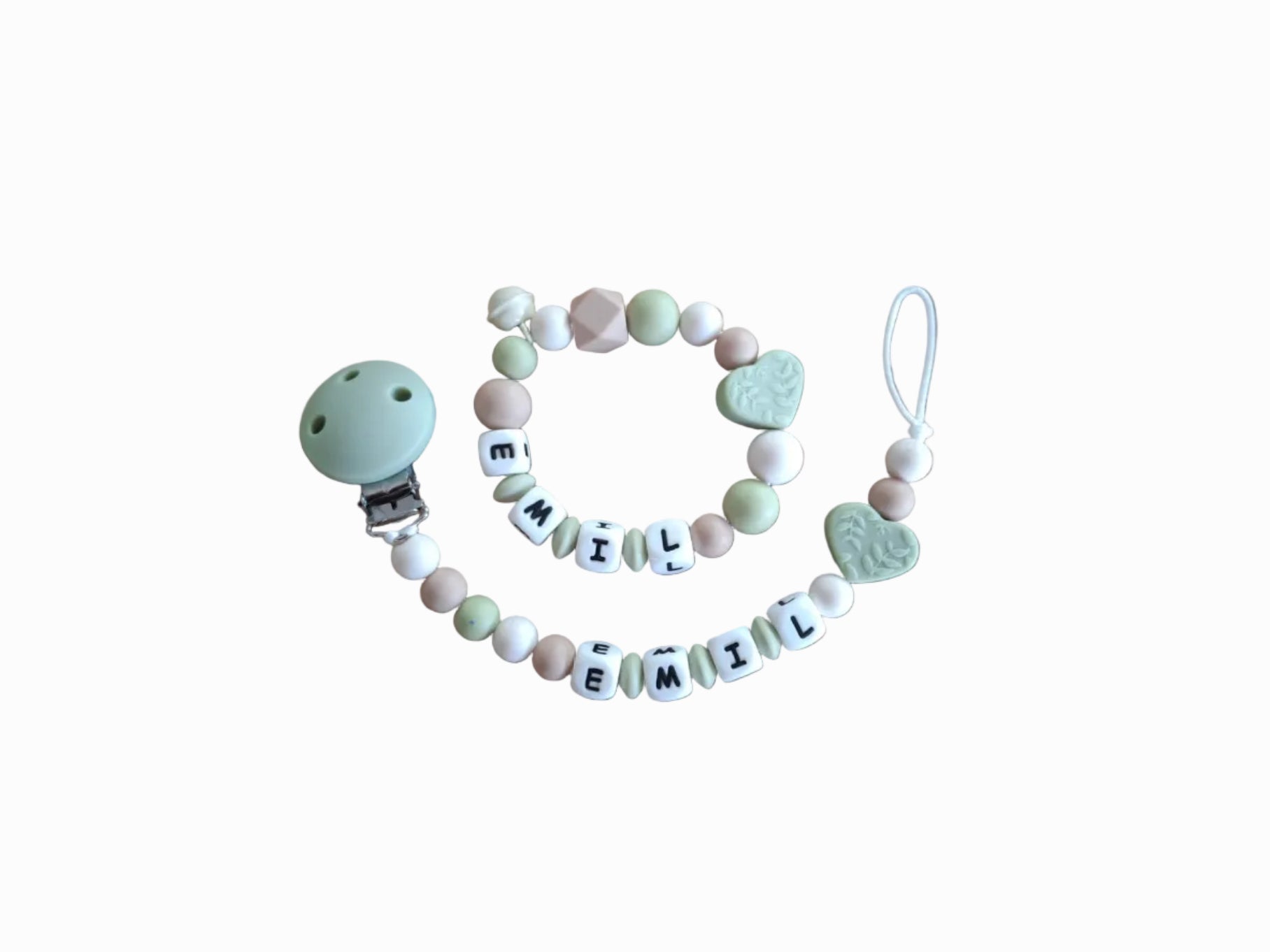 Personalisierbares Babyset Nuggikette/Greifling Herz