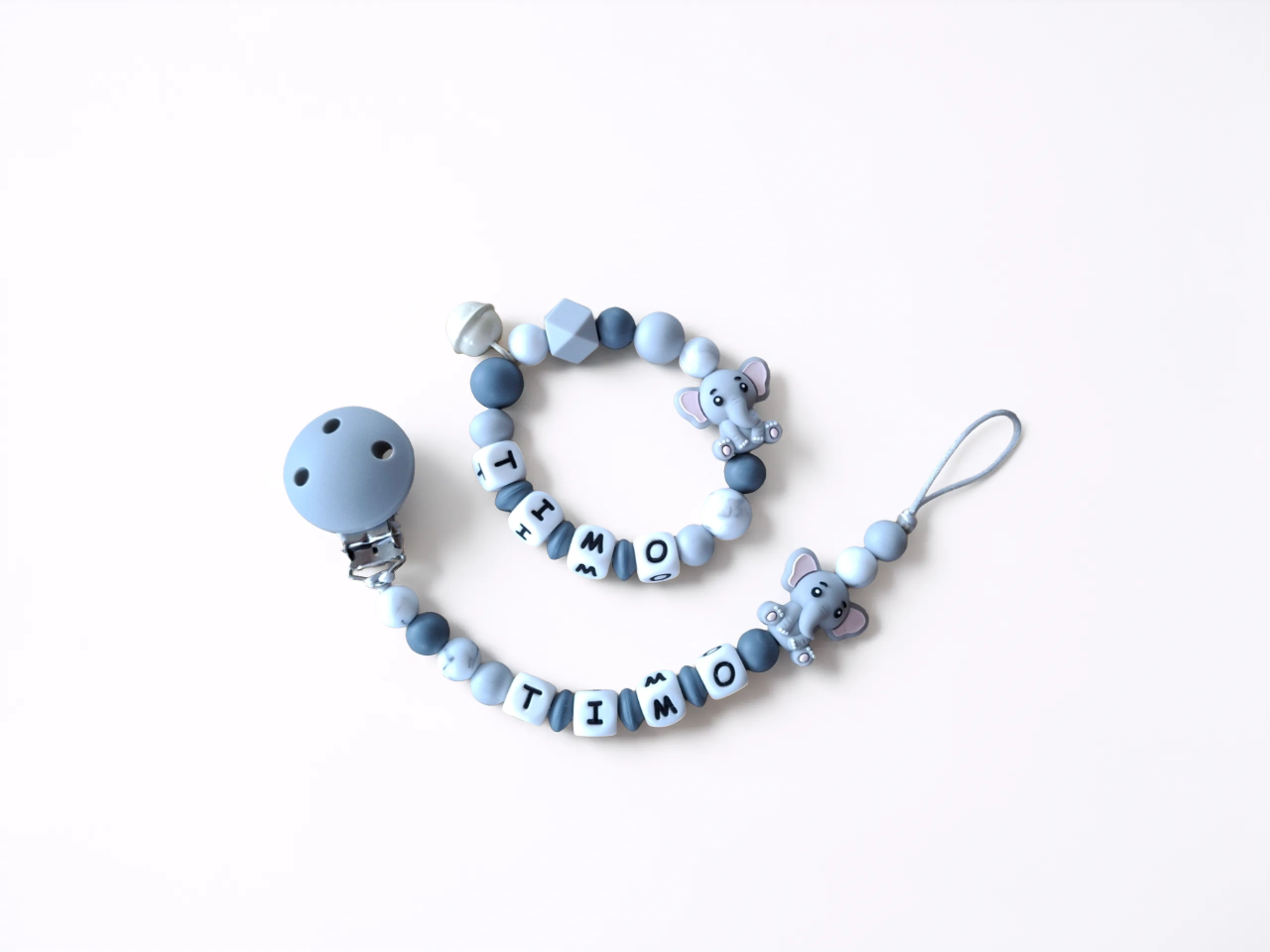 Nuggikette und Beissring personalisiert mit Namen - Baby Geschenk - Elefant