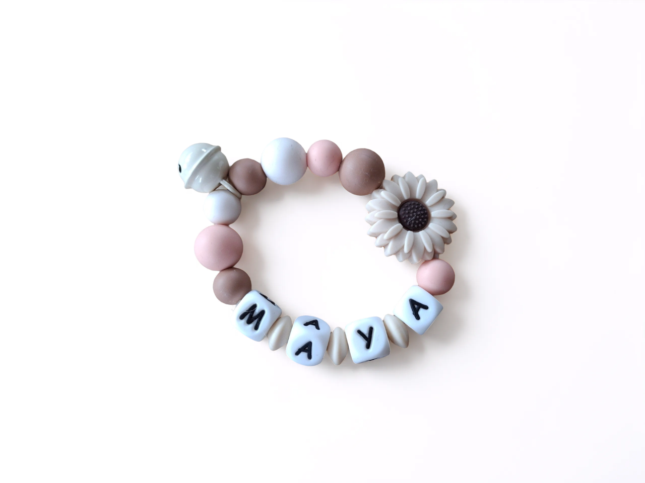 Beissring personalisiert mit Name / Geschenk zur Geburt -  Blume Beige