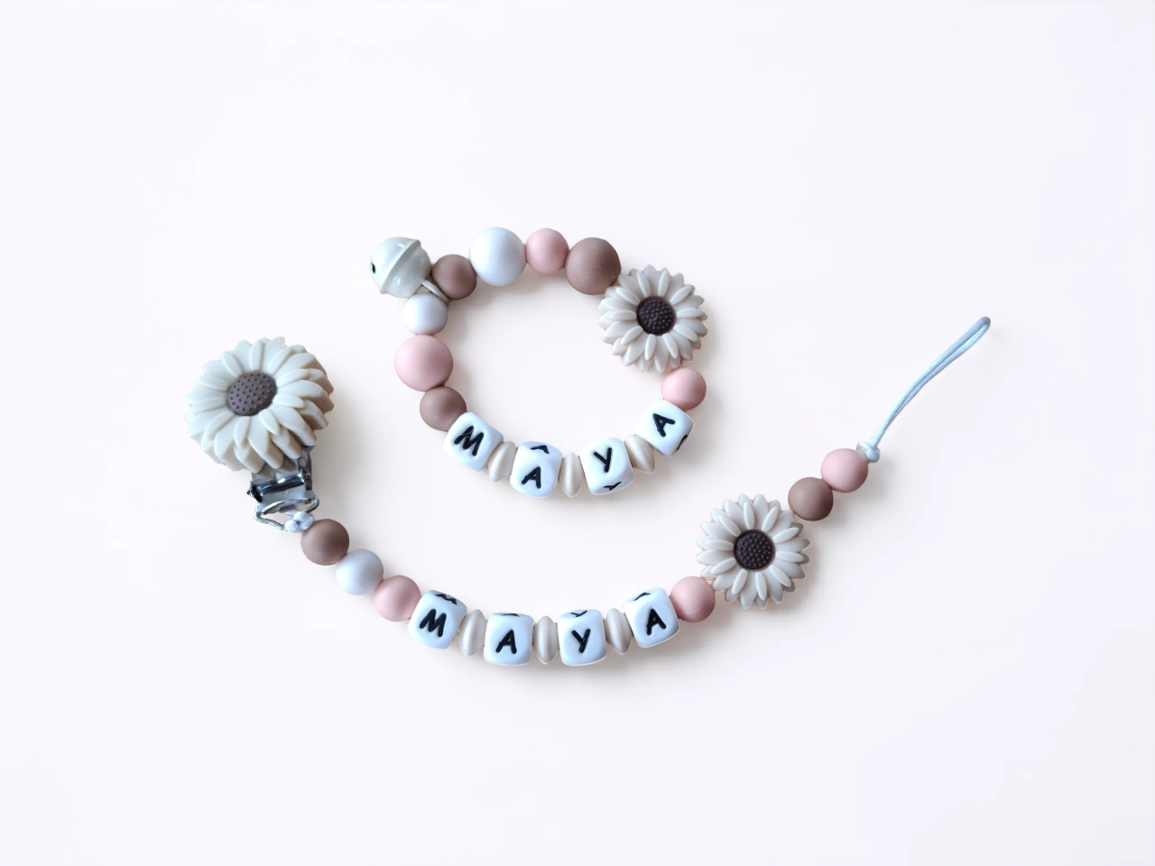 Nuggikette und Beissring personalisiert mit Namen - Baby Geschenk - beige
