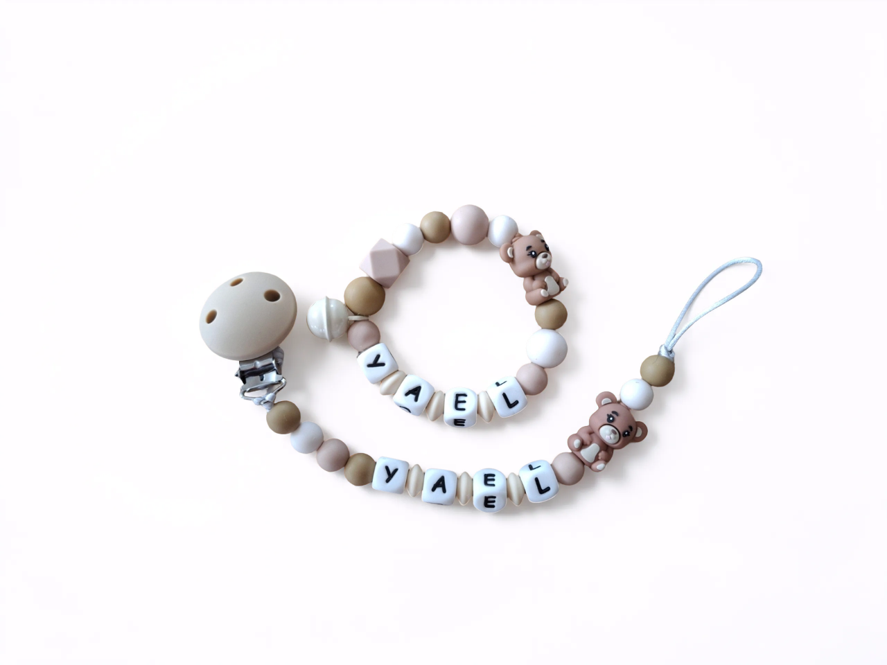 Nuggikette und Beissring personalisiert mit Namen - Baby Geschenk - Bär