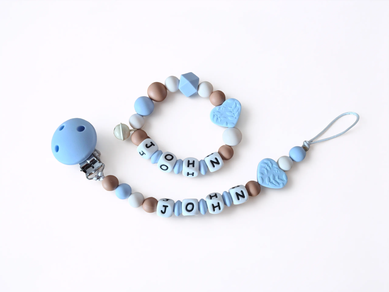 Nuggikette und Beissring personalisiert mit Namen - Baby Geschenk - Herz blau