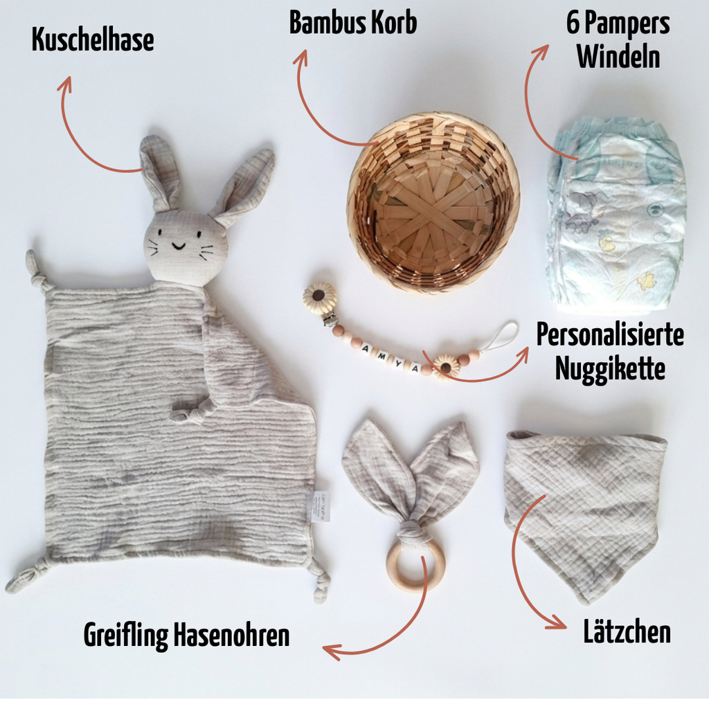 Personalisiertes Geschenk zur Geburt mit Name – Baby Geschenk zur Taufe & Babyshower | Hase grau