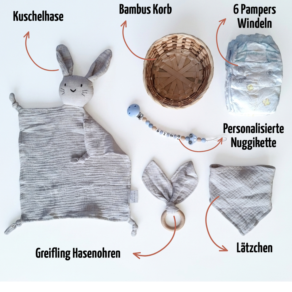 Personalisiertes Geschenk zur Geburt mit Name – Baby Geschenk zur Taufe & Babyshower | Hase grau