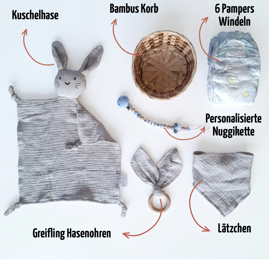 Personalisiertes Geschenk zur Geburt mit Name – Baby Geschenk zur Taufe & Babyshower | Hase grau