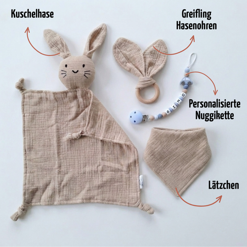 Baby Geschenk personalisiert mit Name zur Geburt, Taufe & Babyshower - Hase beige