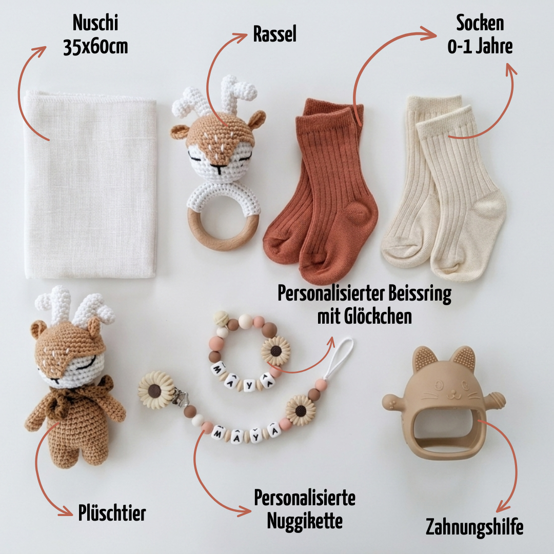 Baby Geschenk personalisiert mit Name zur Geburt, Taufe & Babyshower - Hirsch