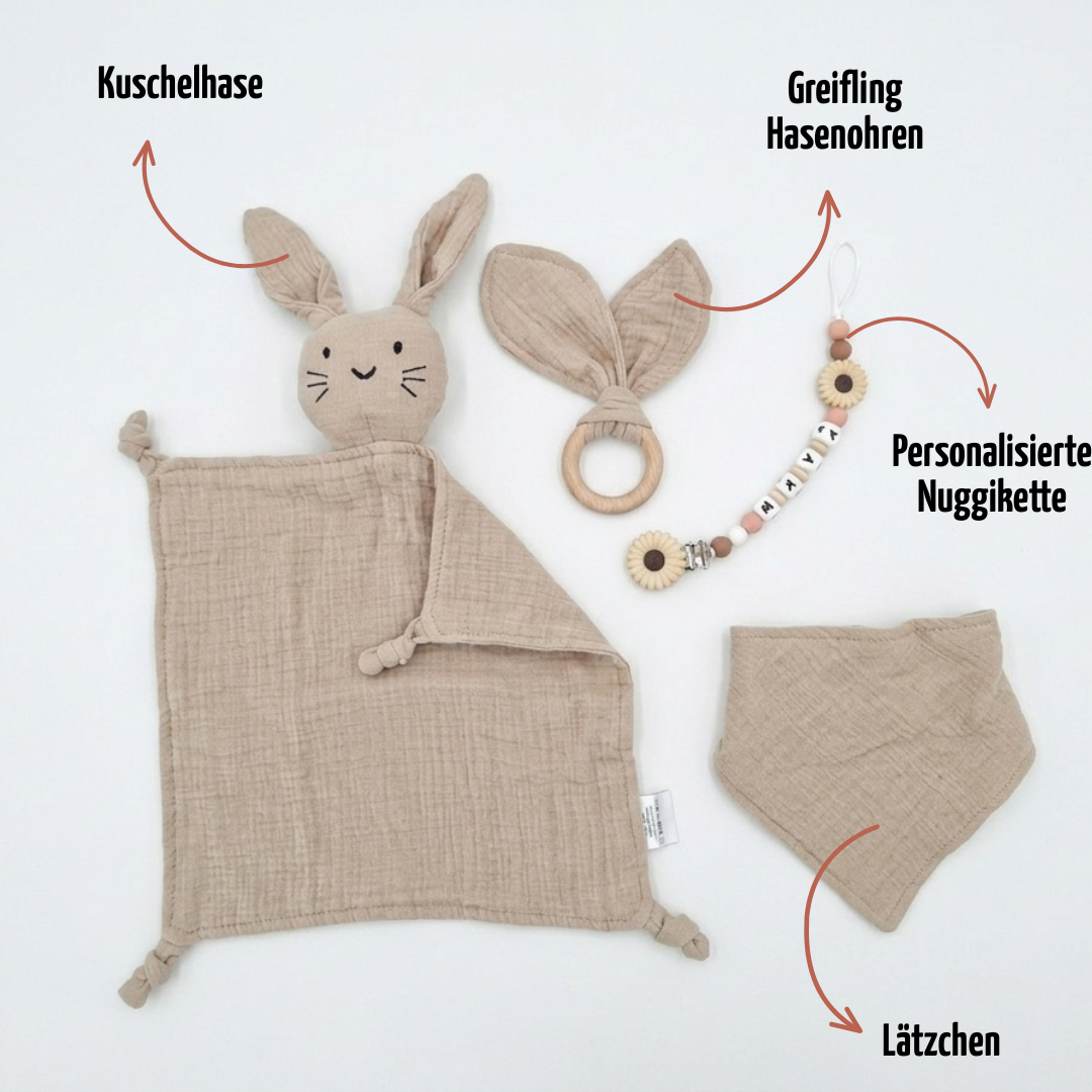 Baby Geschenk personalisiert mit Name zur Geburt, Taufe & Babyshower - Hase beige