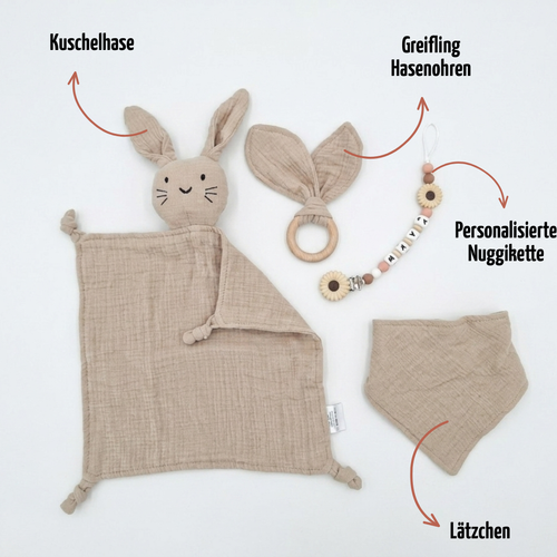 Baby Geschenk personalisiert mit Name zur Geburt, Taufe & Babyshower - Hase beige