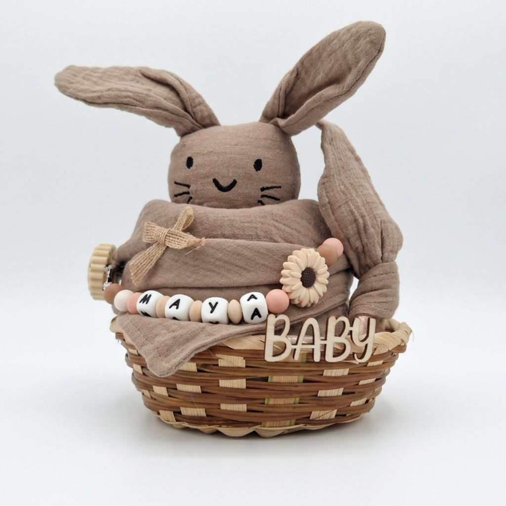 Baby Geschenk personalisiert mit Name zur Geburt, Taufe & Babyshower - Hase braun