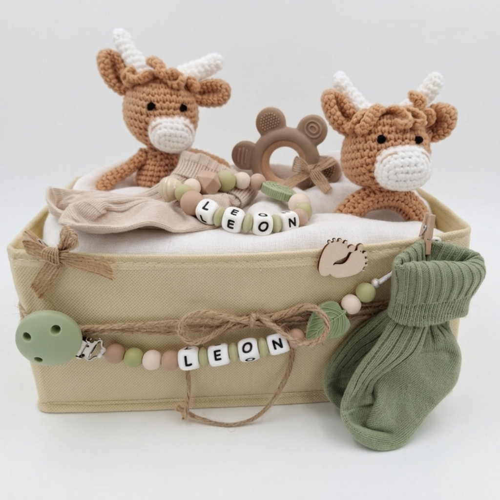 Baby Geschenk personalisiert mit Name zur Geburt, Taufe & Babyshower - Kuh