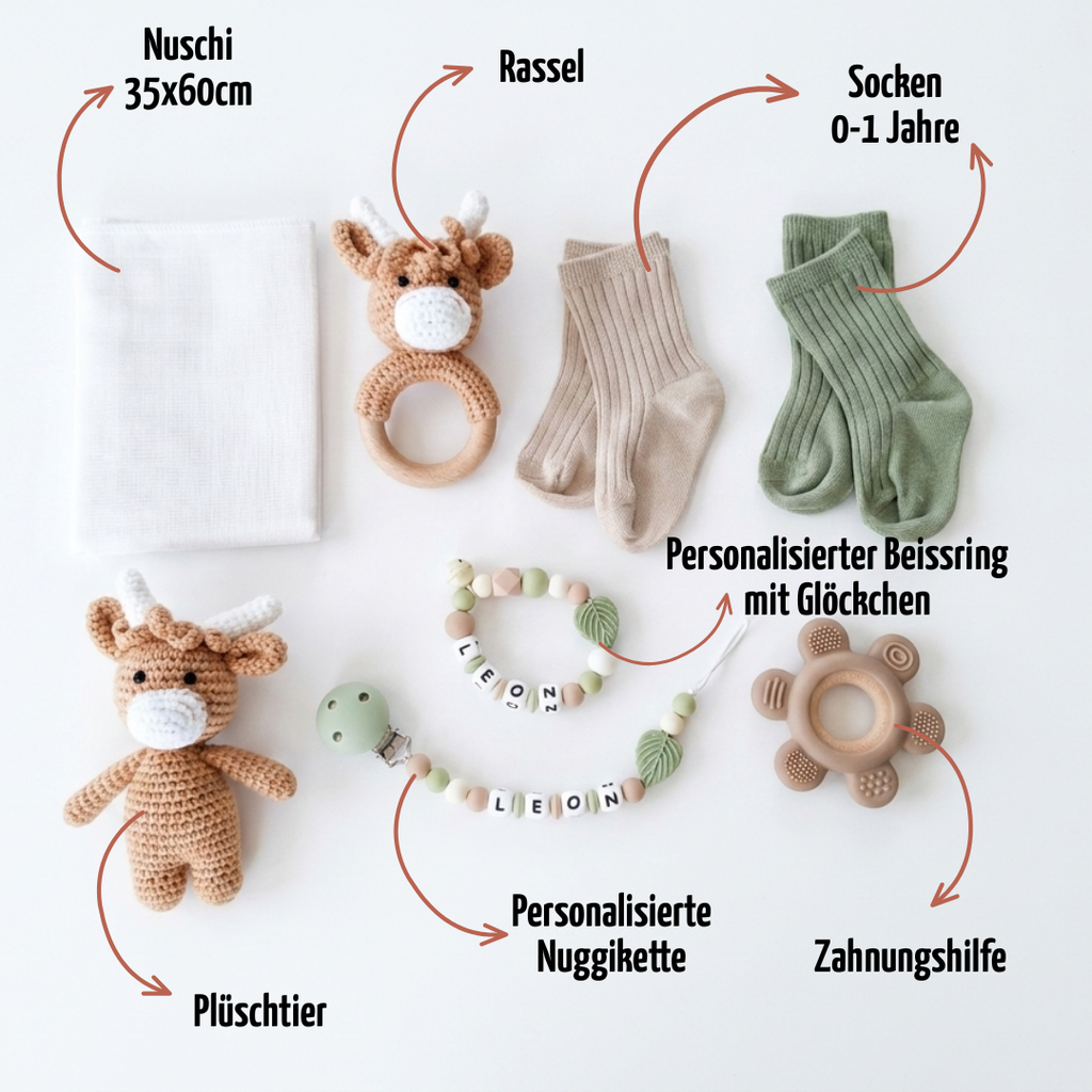 Baby Geschenk personalisiert mit Name zur Geburt, Taufe & Babyshower - Kuh