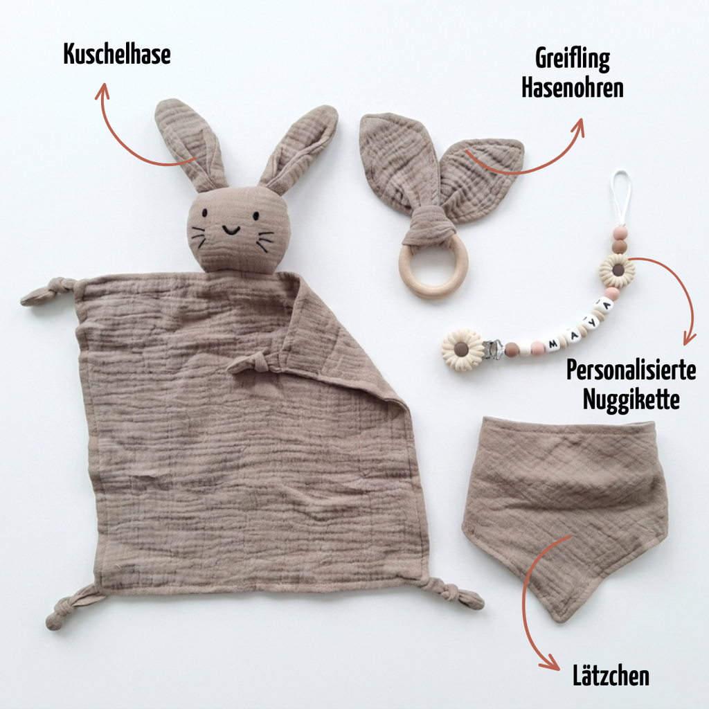 Baby Geschenk personalisiert mit Name zur Geburt, Taufe & Babyshower - Hase braun