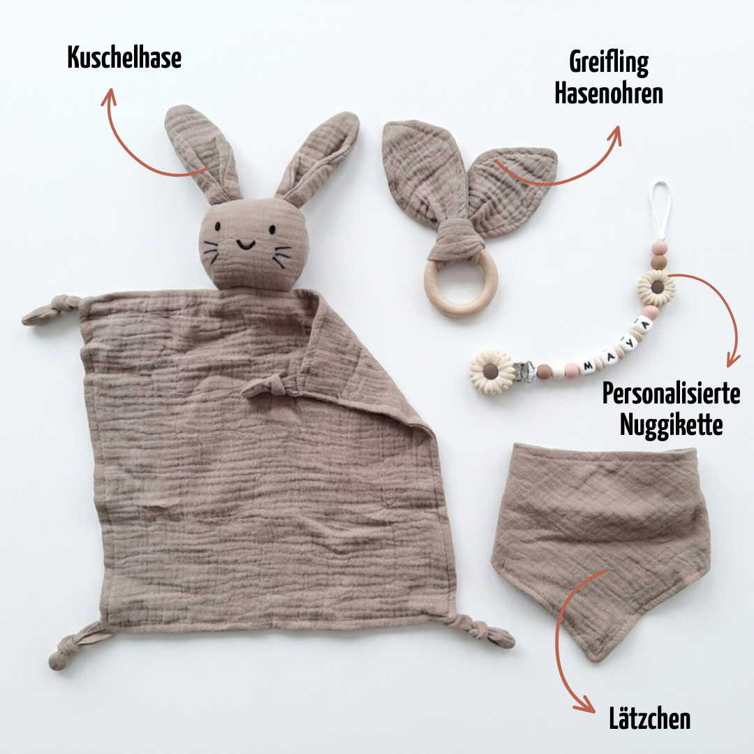Baby Geschenk personalisiert mit Name zur Geburt, Taufe & Babyshower - Hase braun