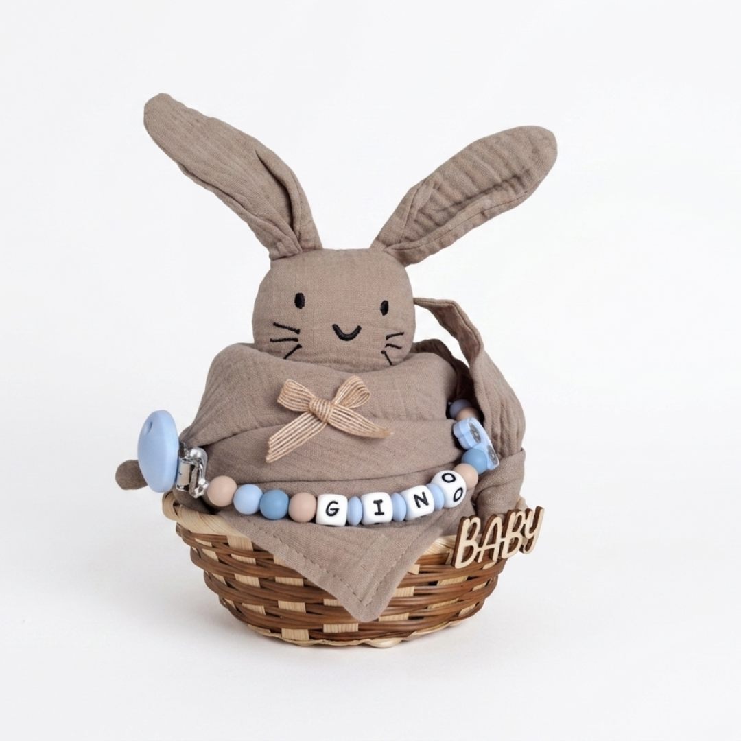 Baby Geschenk personalisiert mit Name zur Geburt, Taufe & Babyshower - Hase braun