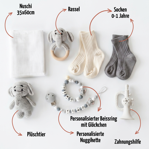 Baby Geschenk personalisiert mit Name zur Geburt, Taufe & Babyshower - Elefant
