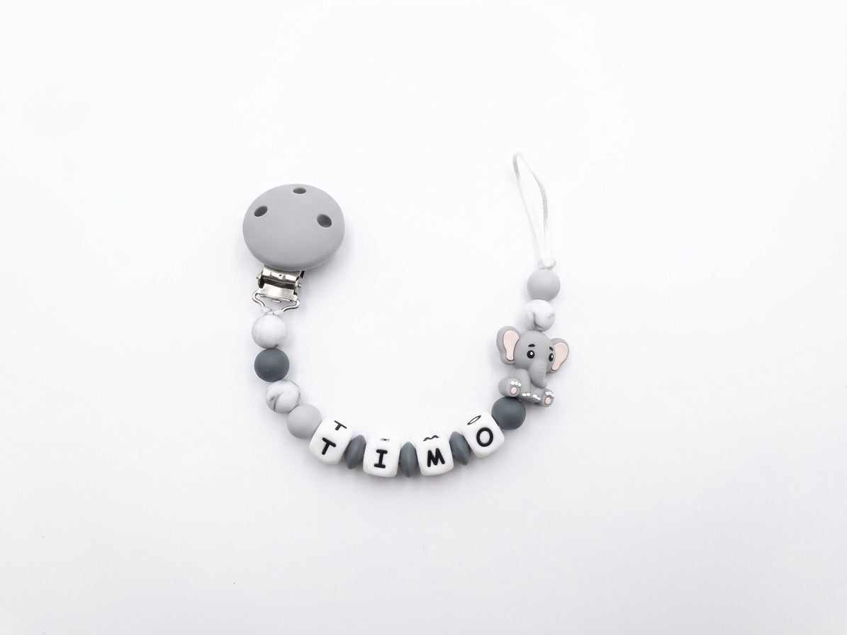Nuggikette / Schnullerkette personalisiert mit Name, Geschenk zur Geburt -  Elefant