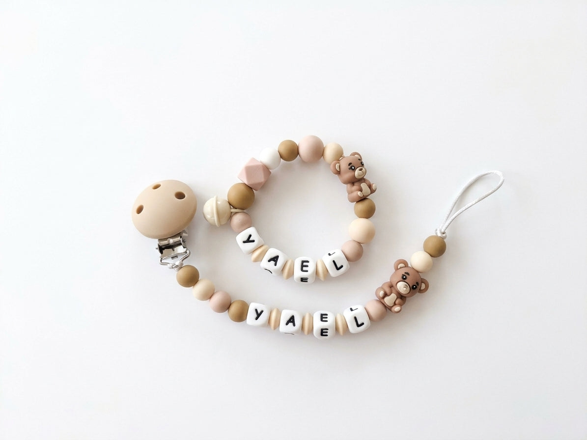 Nuggikette und Beissring personalisiert mit Namen - Baby Geschenk - Bär