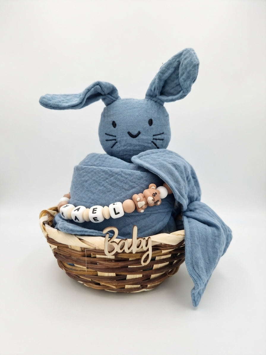 Personalisiertes Geschenk zur Geburt mit Name – Baby Geschenk zur Taufe & Babyshower | Hase blau
