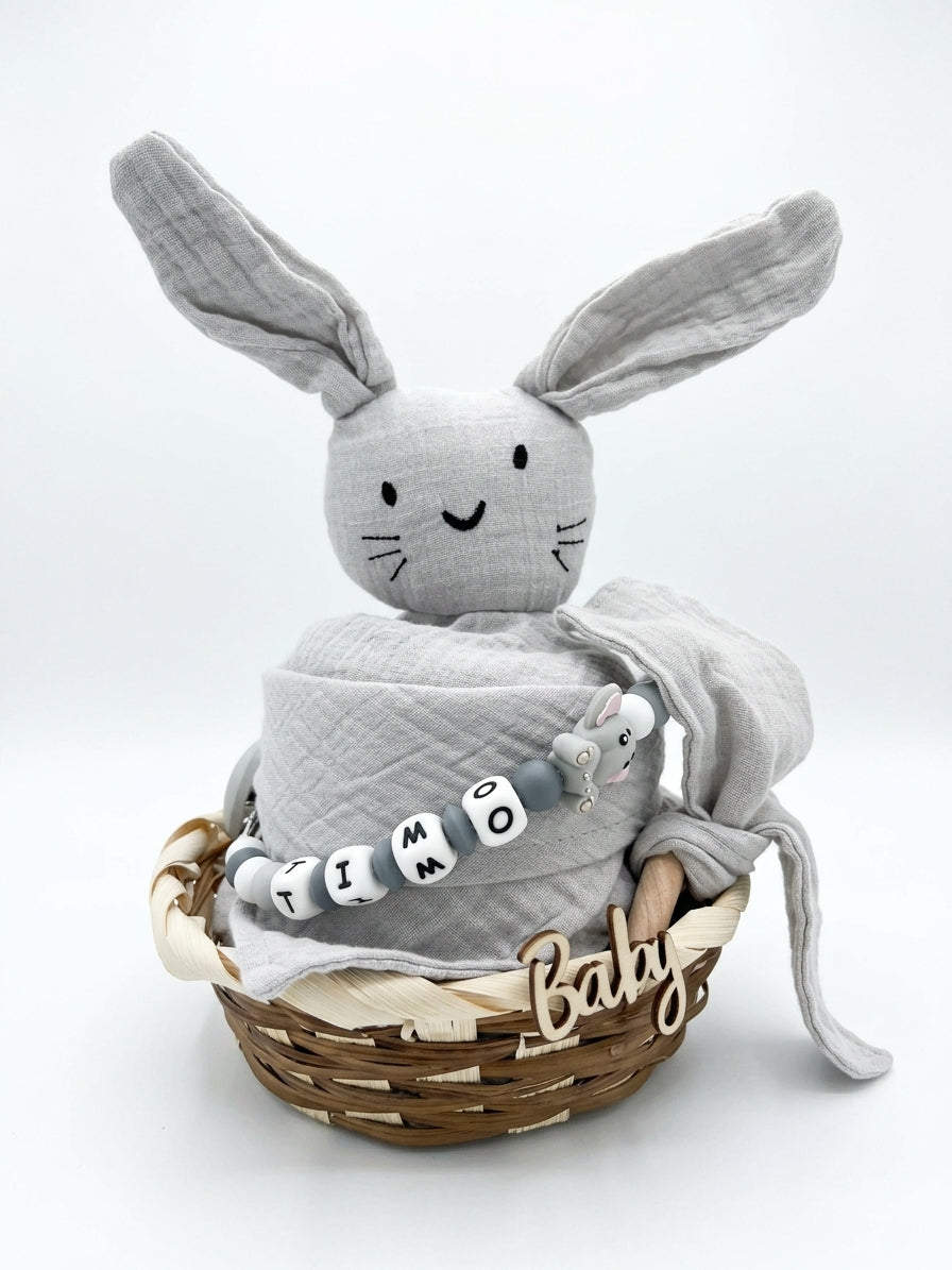 Personalisiertes Geschenk zur Geburt mit Name – Baby Geschenk zur Taufe & Babyshower | Hase grau
