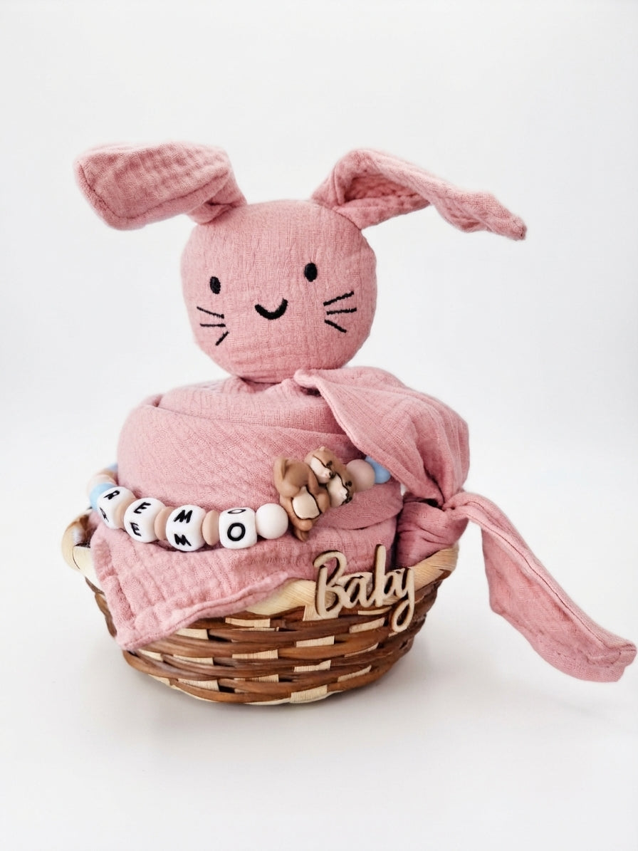 Personalisiertes Geschenk zur Geburt mit Name – Baby Geschenk zur Taufe & Babyshower | Hase rosa