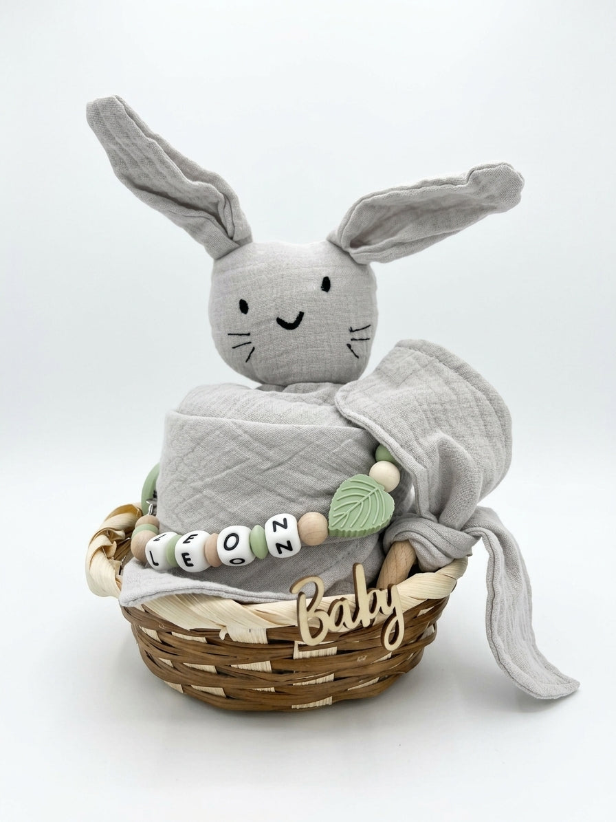 Personalisiertes Geschenk zur Geburt mit Name – Baby Geschenk zur Taufe & Babyshower | Hase grau