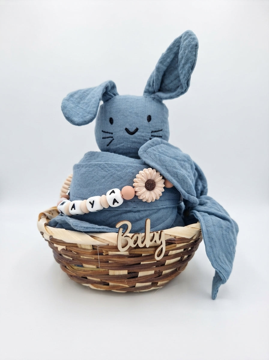 Personalisiertes Geschenk zur Geburt mit Name – Baby Geschenk zur Taufe & Babyshower | Hase blau