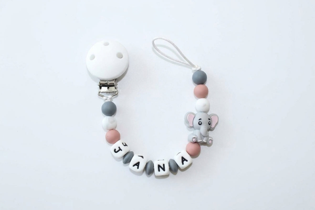 Nuggikette / Schnullerkette personalisiert mit Name, Geschenk zur Geburt - Elefant
