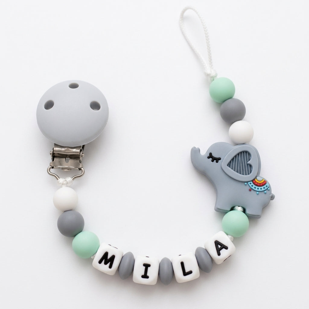 Nuggikette / Schnullerkette personalisiert mit Name, Geschenk zur Geburt - Elefant Mint