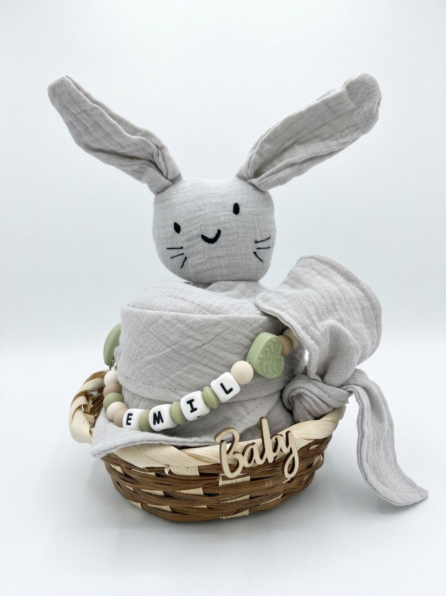 Personalisiertes Geschenk zur Geburt mit Name – Baby Geschenk zur Taufe & Babyshower | Hase grau