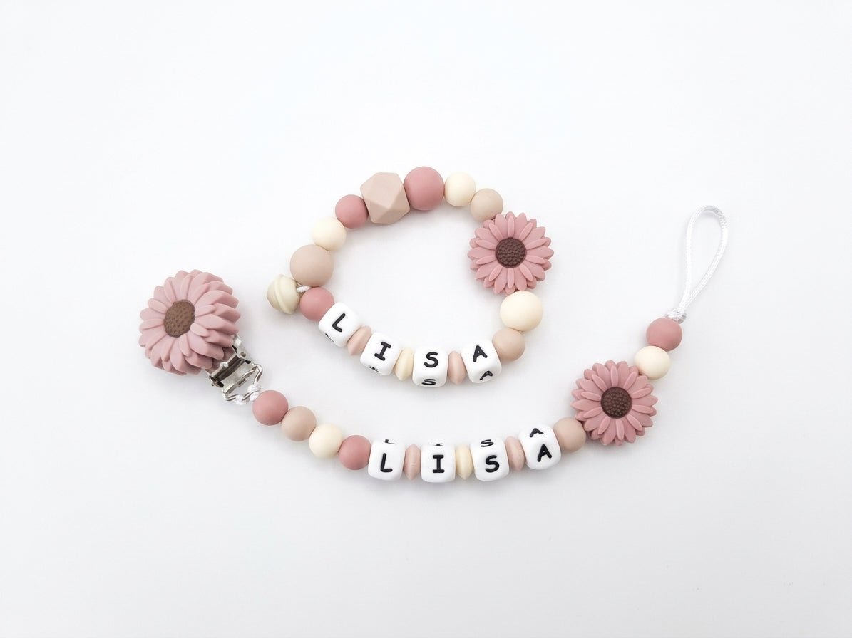 Nuggikette und Beissring personalisiert mit Namen - Baby Geschenk - Blume lila