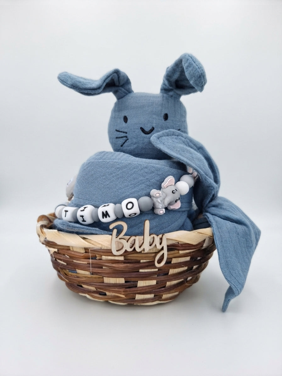 Personalisiertes Geschenk zur Geburt mit Name – Baby Geschenk zur Taufe & Babyshower | Hase blau