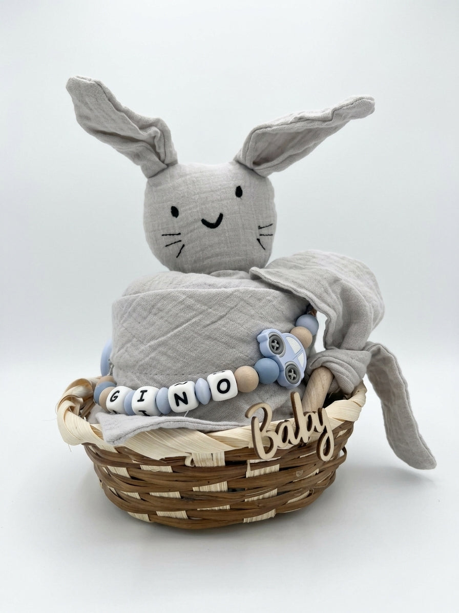 Personalisiertes Geschenk zur Geburt mit Name – Baby Geschenk zur Taufe & Babyshower | Hase grau