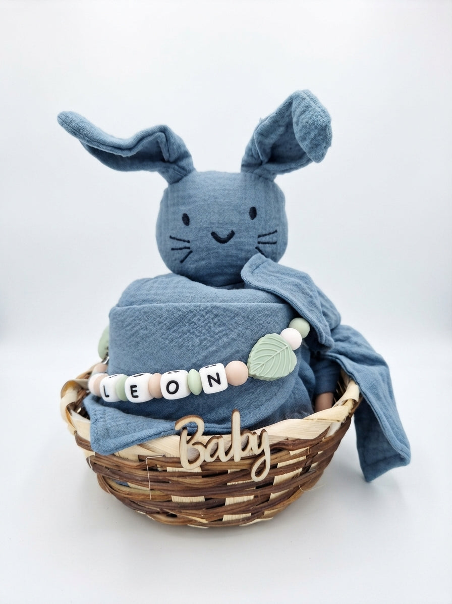 Personalisiertes Geschenk zur Geburt mit Name – Baby Geschenk zur Taufe & Babyshower | Hase blau