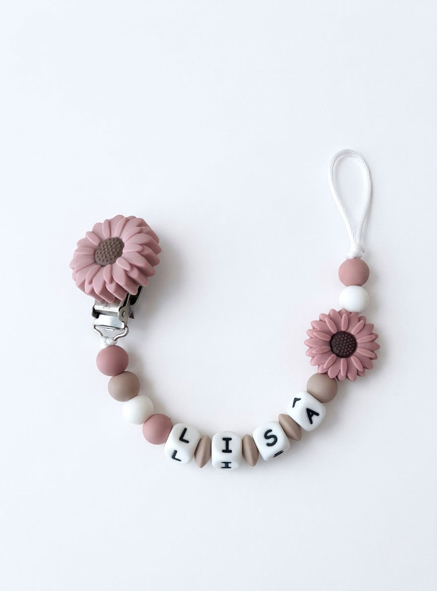 Nuggikette / Schnullerkette personalisiert mit Name, Geschenk zur Geburt -  Blume