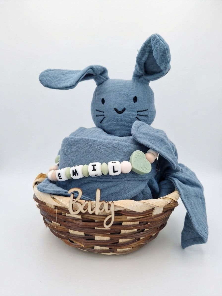 Personalisiertes Geschenk zur Geburt mit Name – Baby Geschenk zur Taufe & Babyshower | Hase blau